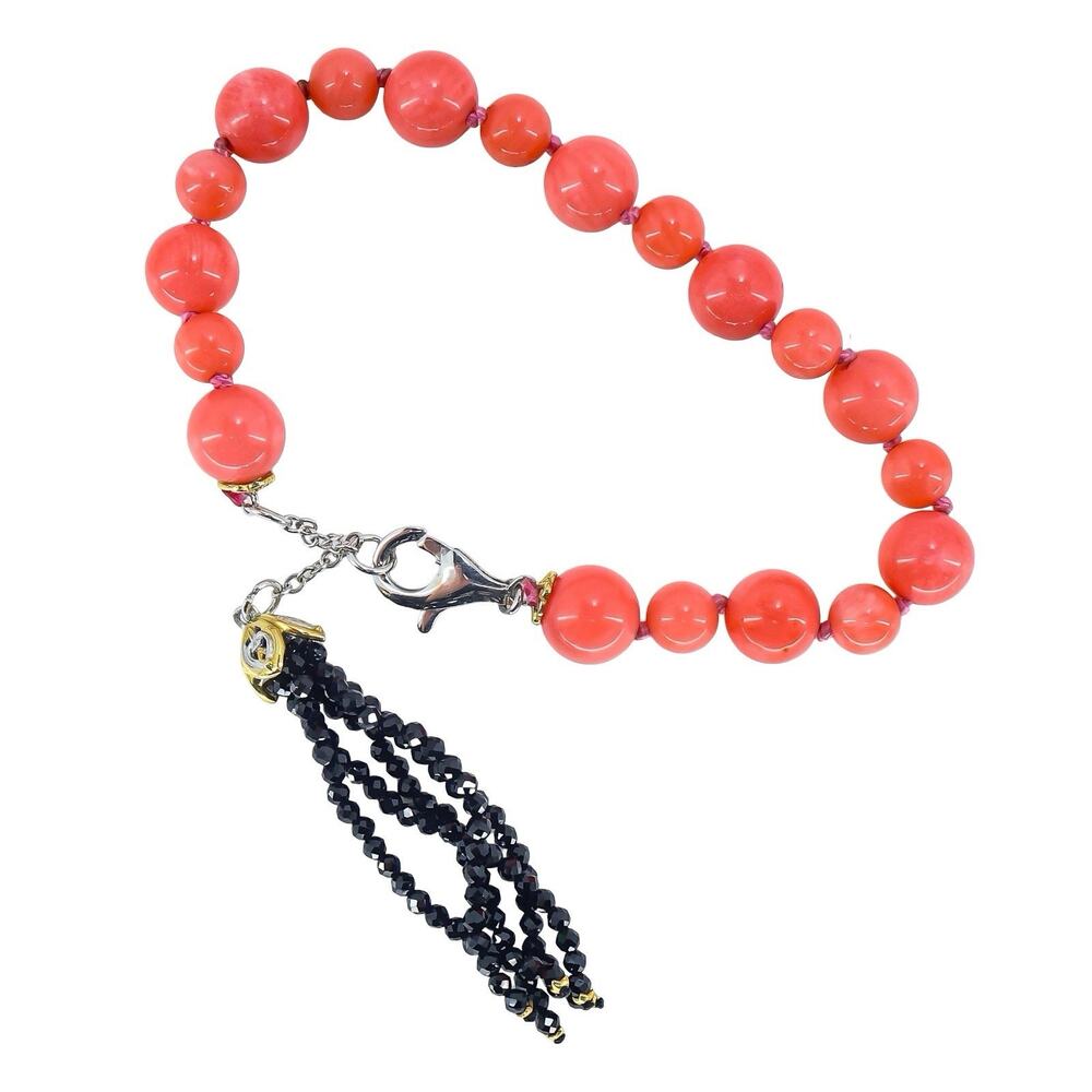 Gems en Vogue Signed NF Bamboo Coral Sterling Bracelet Black Spinel Tassel
